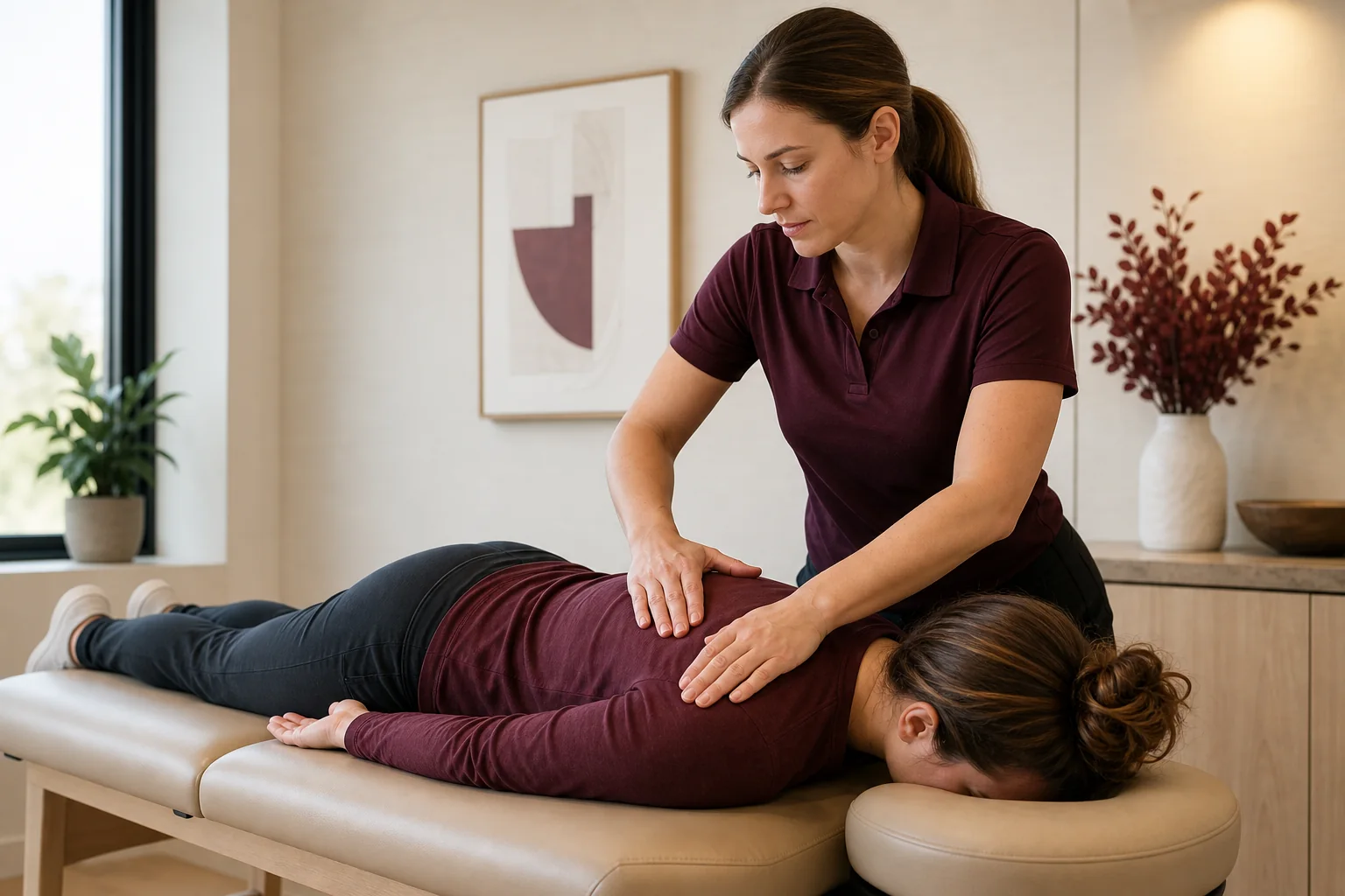 Clinician performing a controlled upper-back mobilization for a patient