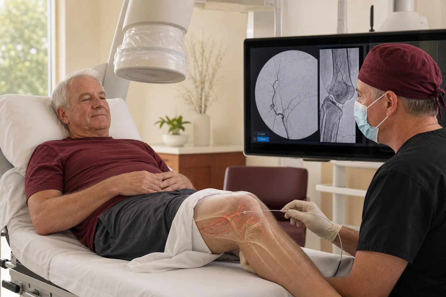 Clinician reviewing image guidance for genicular artery embolization near the knee