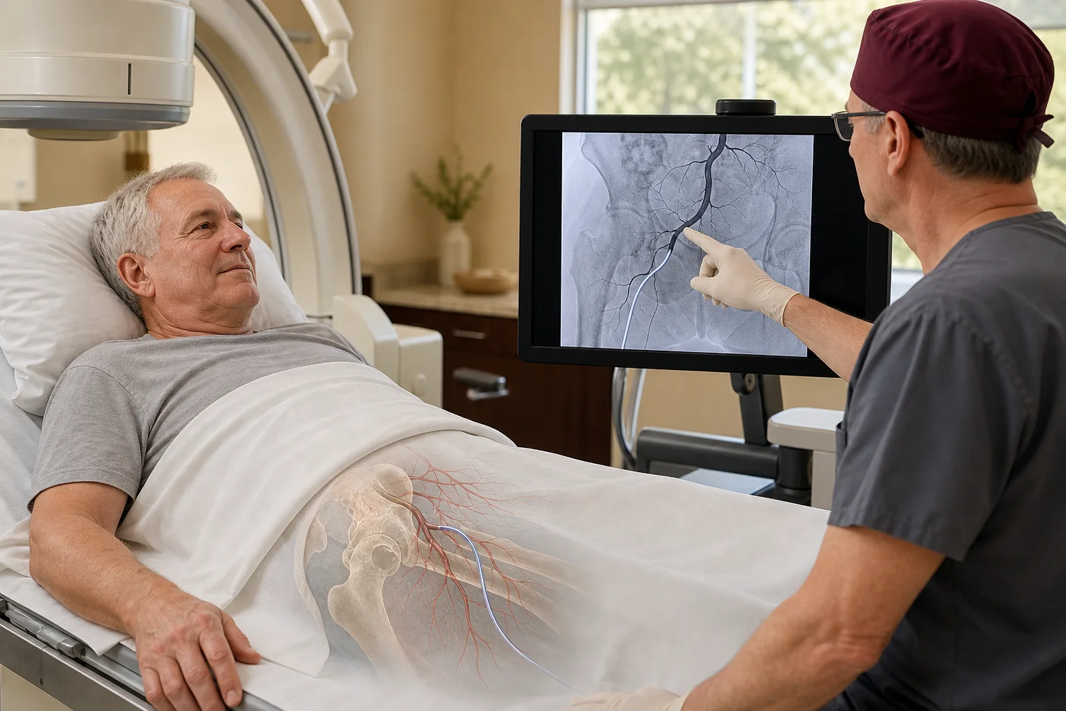 Clinician reviewing image guidance for hip artery embolization