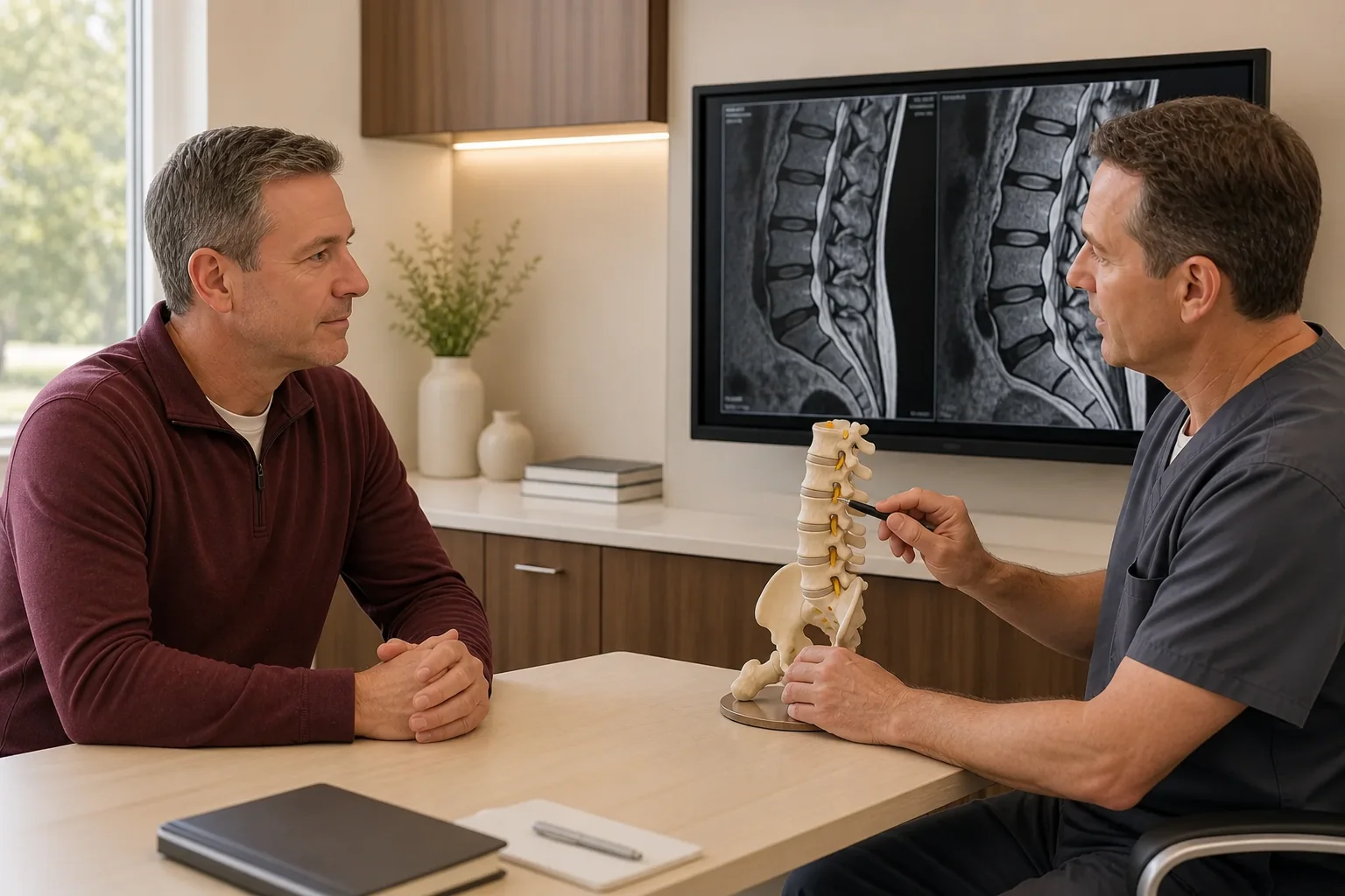 Patient discussing lumbar spine imaging and a spine model with a pain specialist
