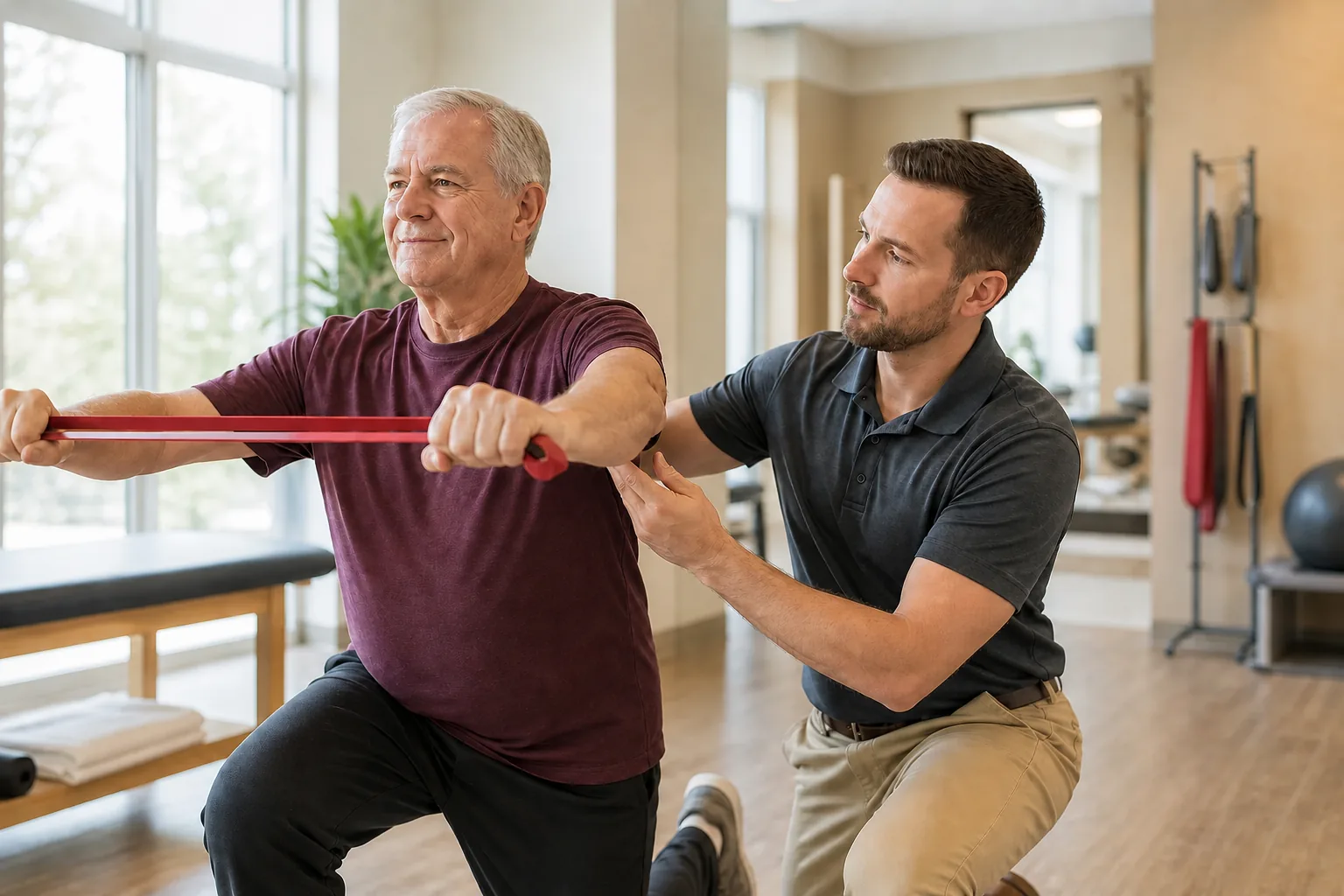 Physical therapist guiding a patient through a resistance-band exercise