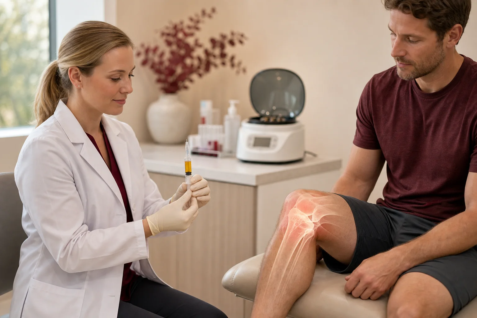 Clinician preparing platelet-rich plasma for a knee treatment