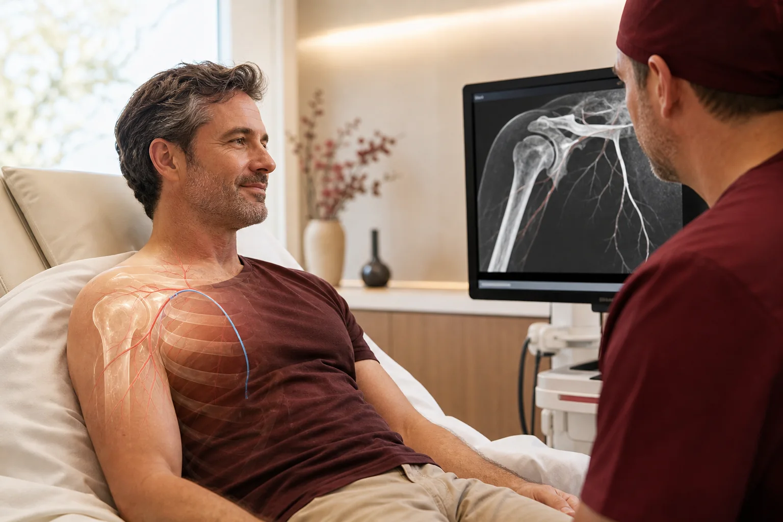 Clinician reviewing image guidance for shoulder artery embolization