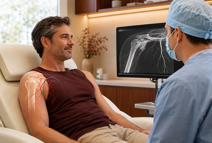 Shoulder artery embolization procedure illustration